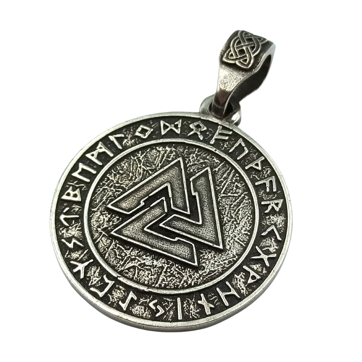 Valknut in circle of Elder Futhark runes pendant Silver 925