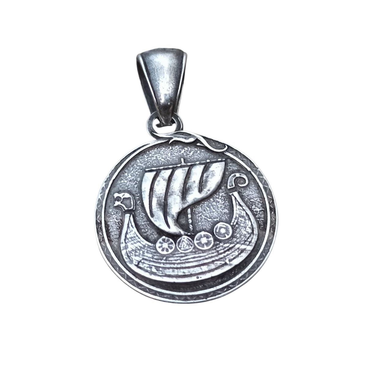 Viking long ship pendant with Vegvisir rune Silver plating