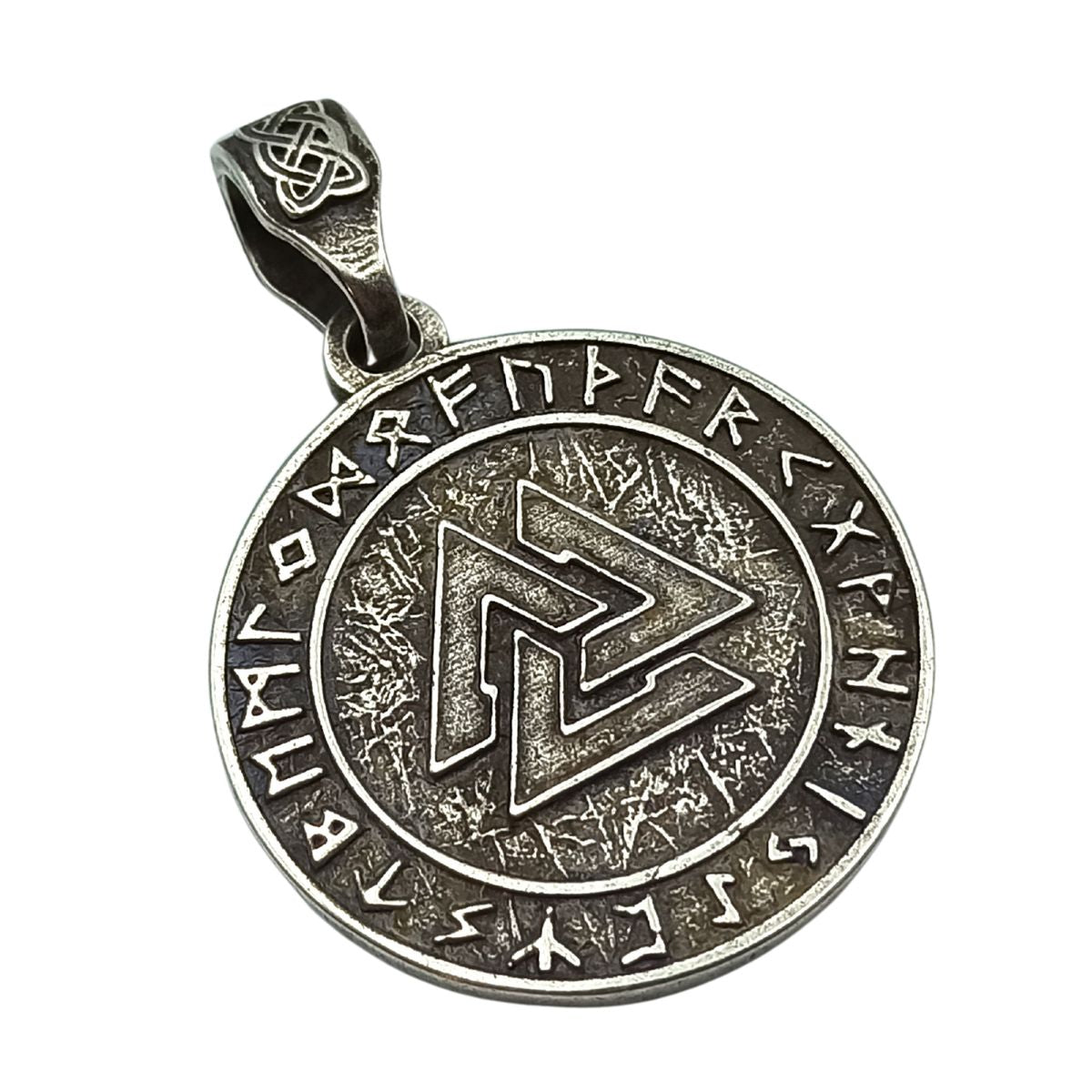 Valknut in circle of Elder Futhark runes pendant Silver plating