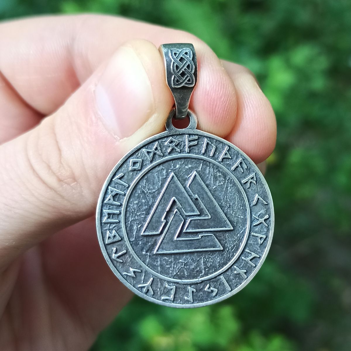 Valknut in circle of Elder Futhark runes pendant