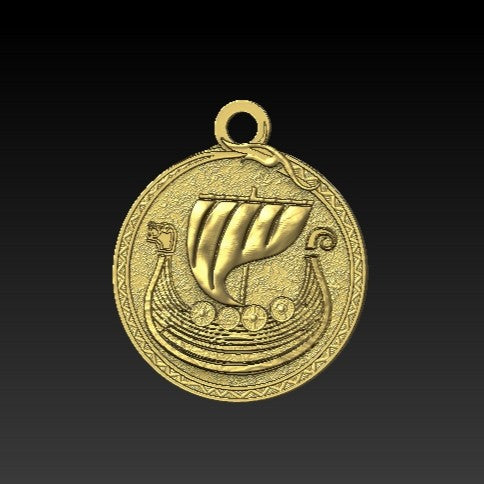 Viking long ship pendant with Vegvisir rune Gold plating
