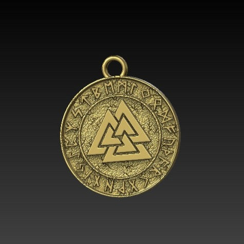 Valknut in circle of Elder Futhark runes pendant Gold plating