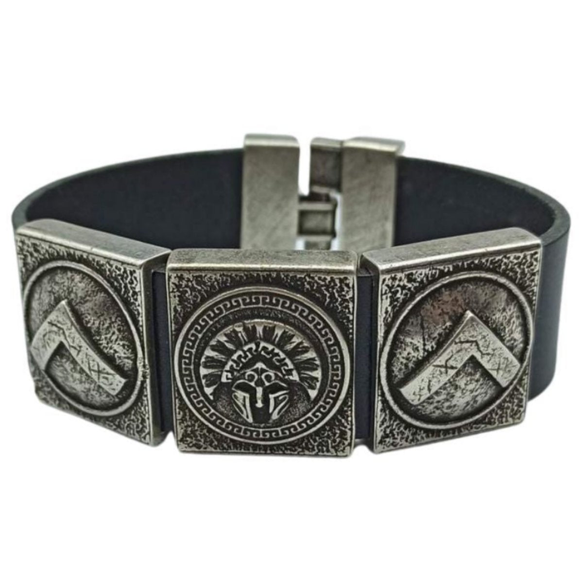 Spartan leather cuff bracelet 16 cm | 6.3 inch Silver plated bronze