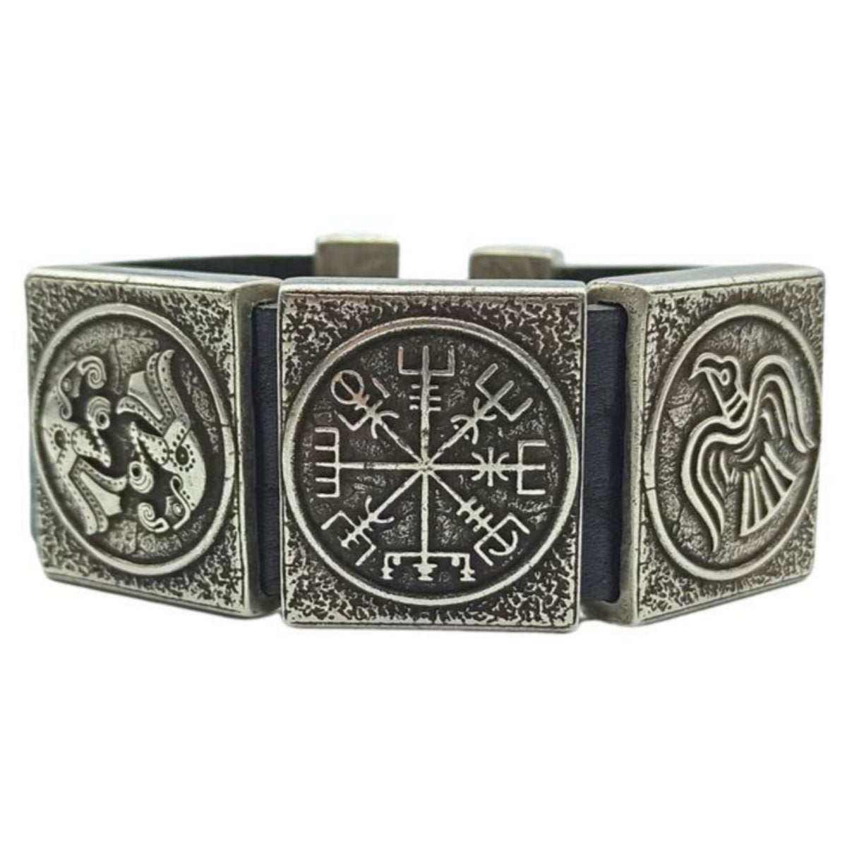 Viking compass leather bracelet 16 cm | 6.3 inch Silver plated bronze