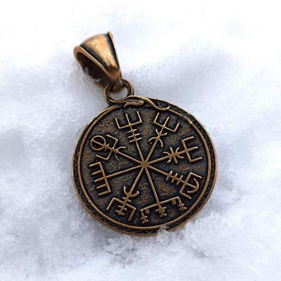 Viking long ship pendant with Vegvisir rune