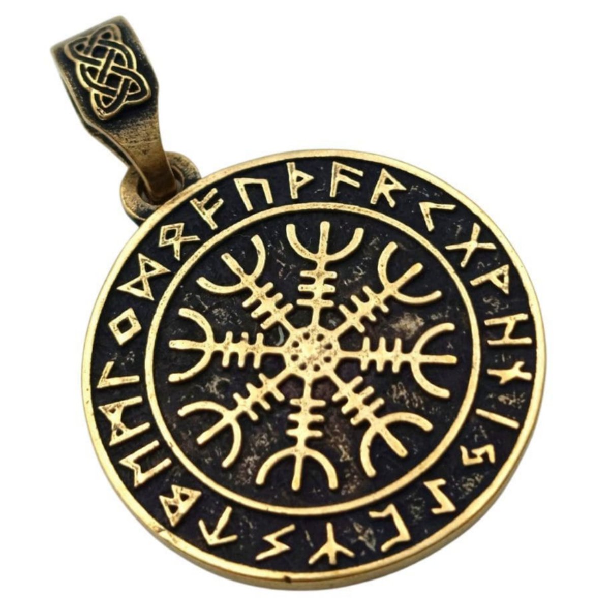 Helm of awe in circle of Elder Futhark runes pendant Bronze