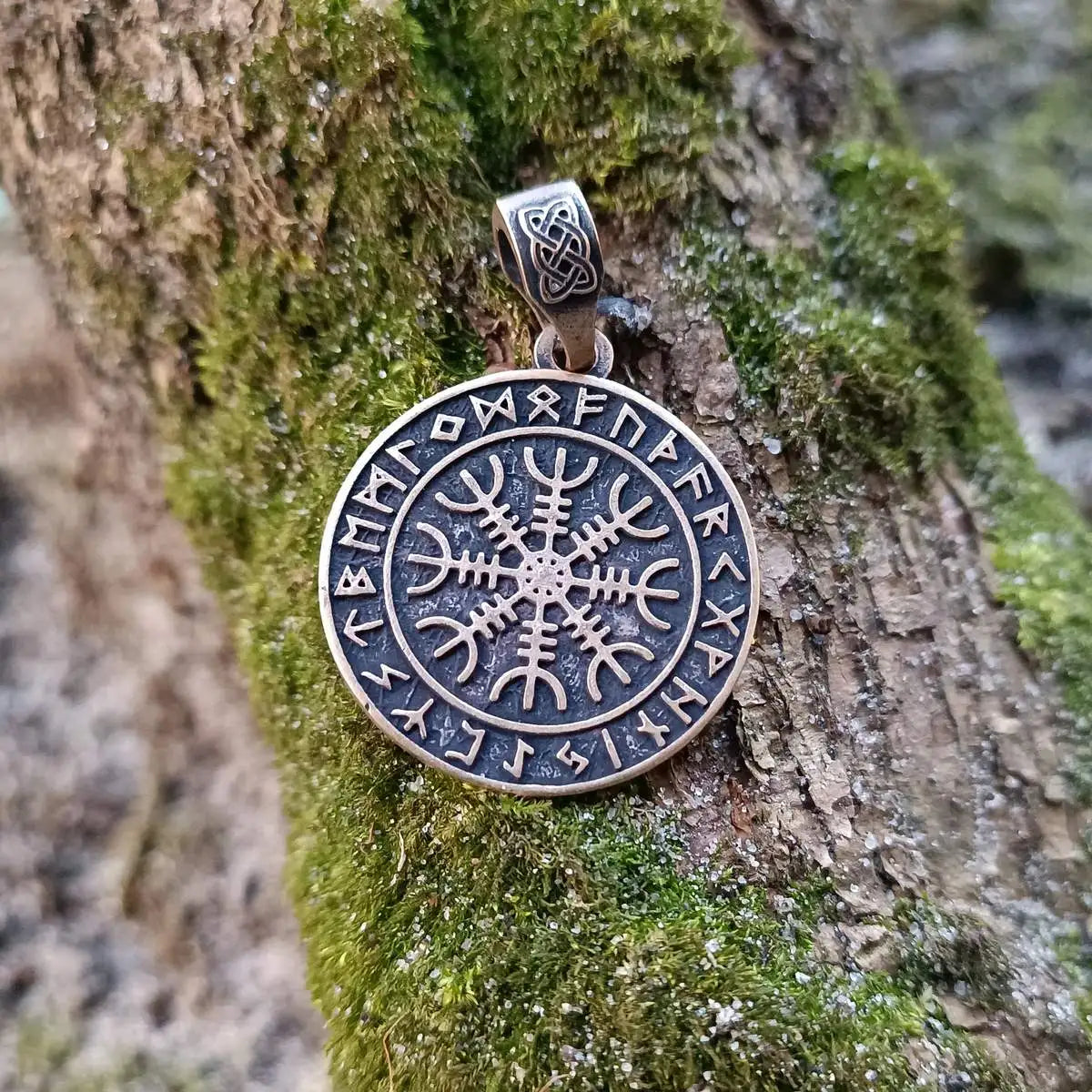 Helm of awe in circle of Elder Futhark runes pendant
