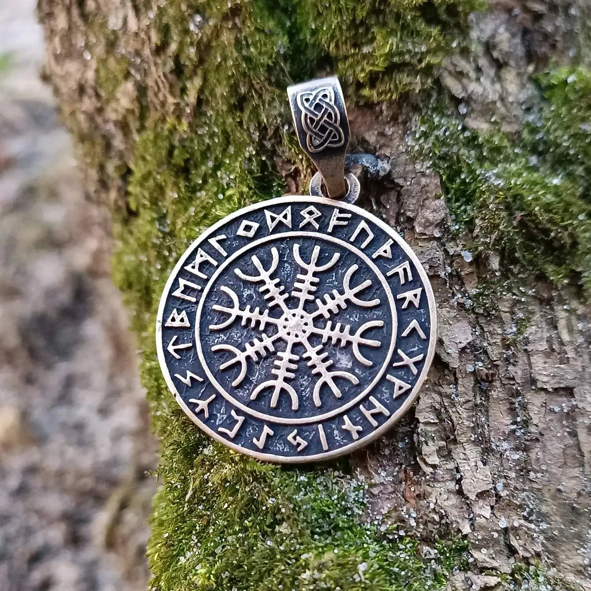 Helm of awe in circle of Elder Futhark runes pendant