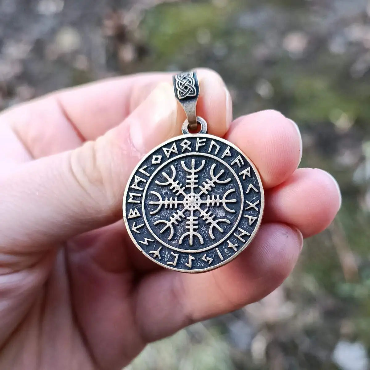 Helm of awe in circle of Elder Futhark runes pendant