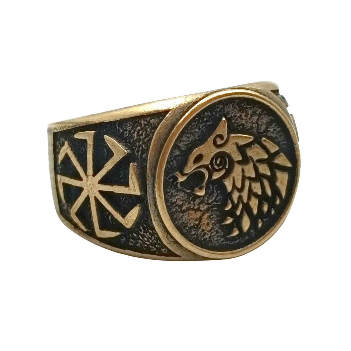 Slavic wolf Sun wheel bronze ring   