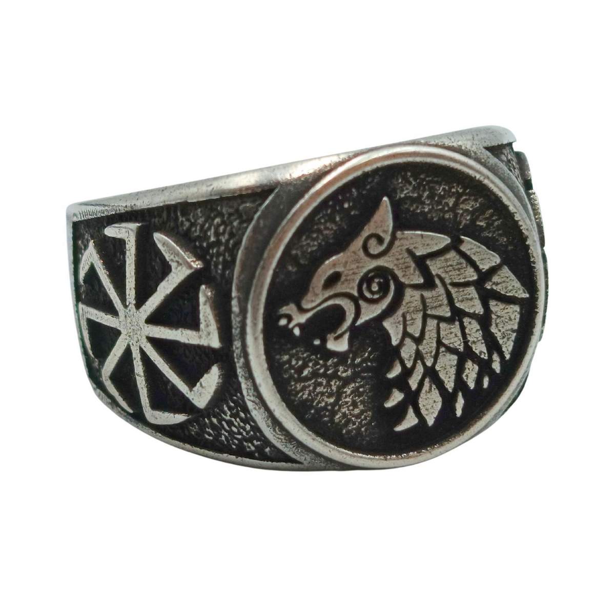 Slavic wolf Sun wheel bronze ring 6 US Silver plating 
