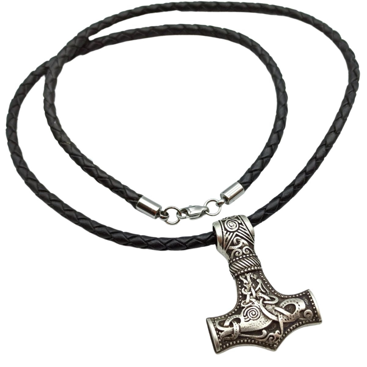 Mjolnir Mummen style silver plated pendant +Braided cord  