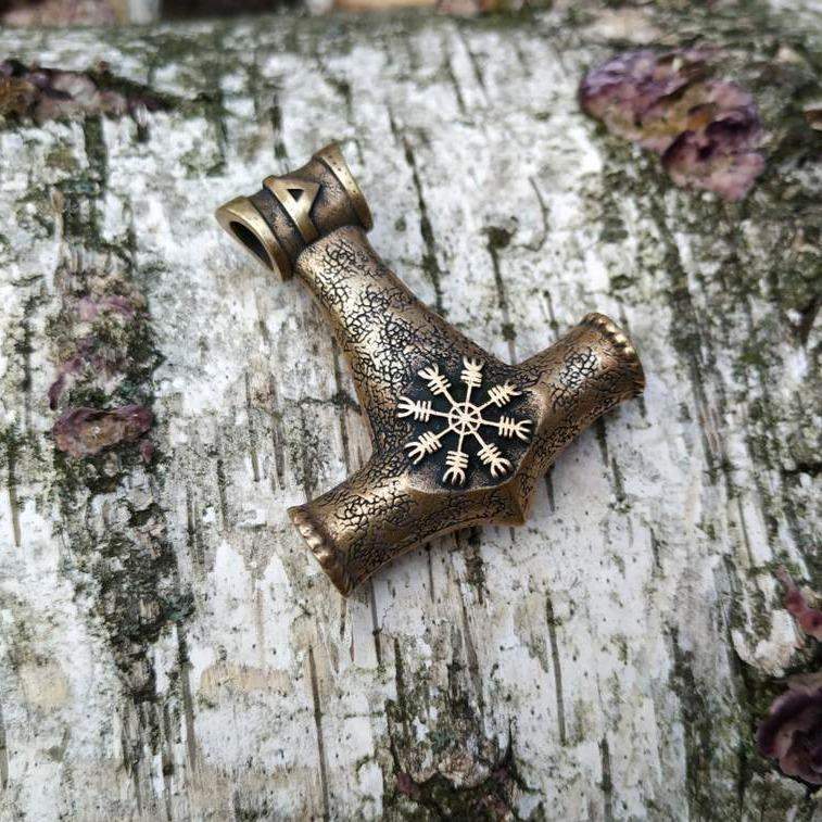 Bronze Mjolnir pendant with runes   