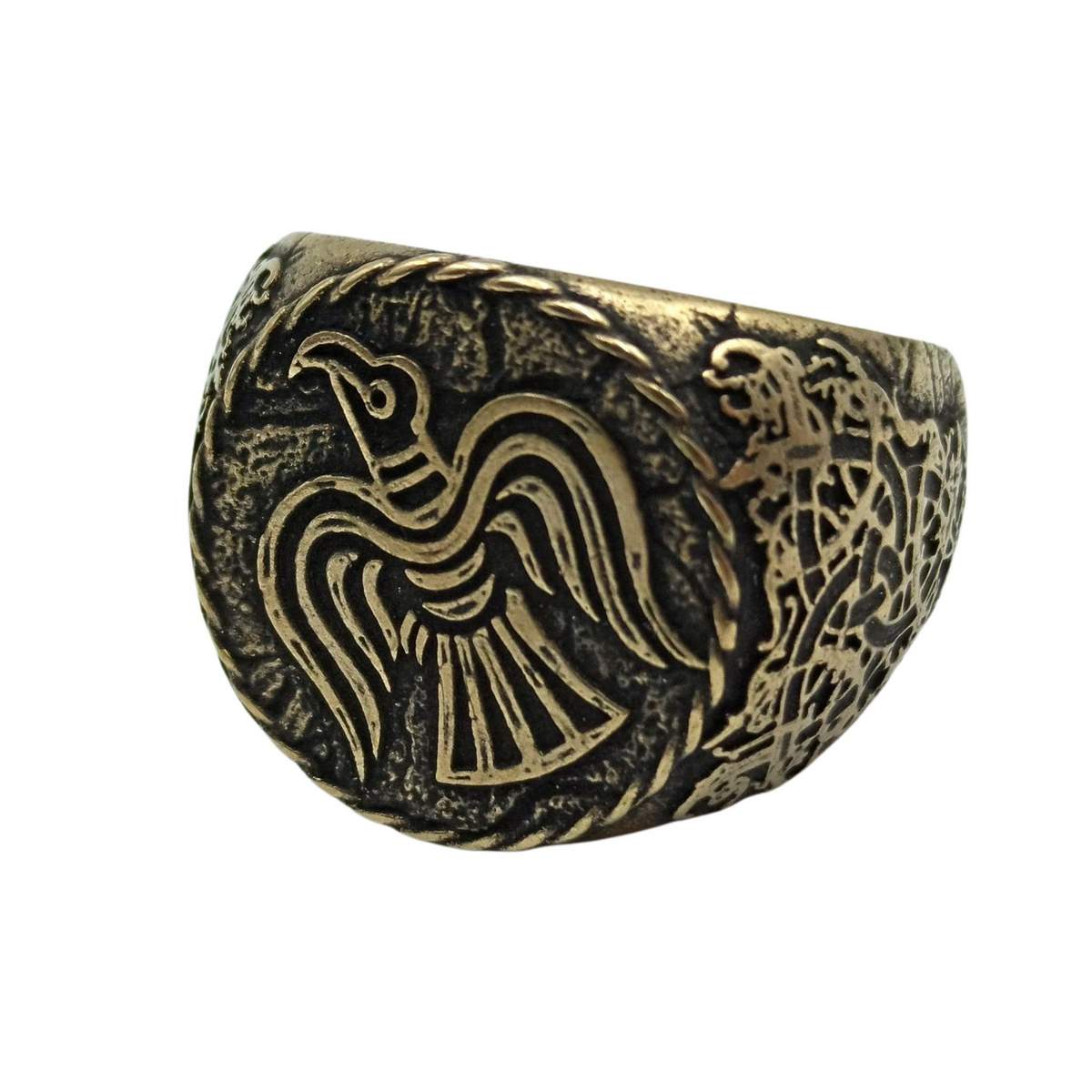 Raven Banner Bronze Ring Norse Signet Rings Viking Jewelry 8 1/4 US / Bronze with Patina
