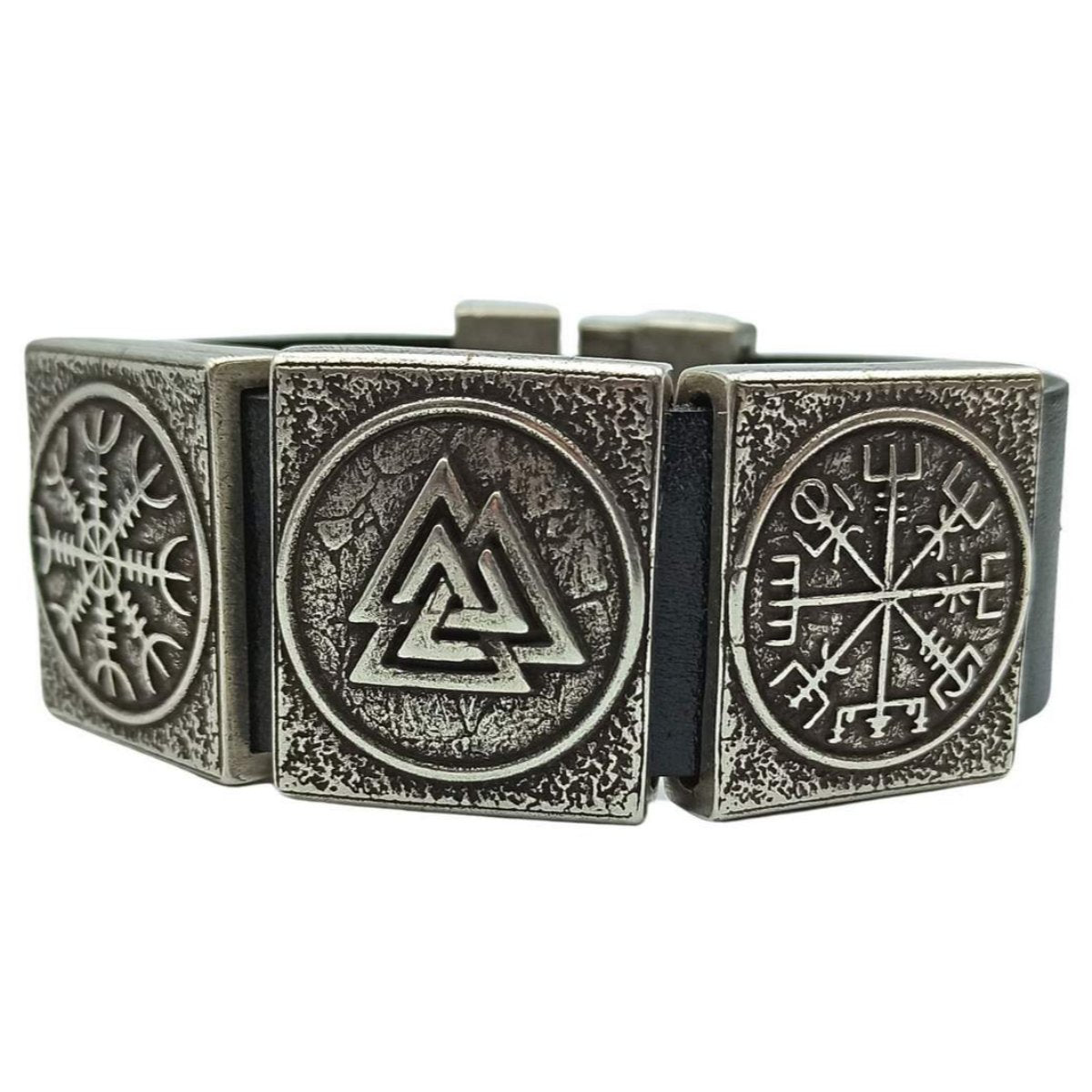 Viking rune leather bracelet 16 cm | 6.3 inch Silver plated bronze