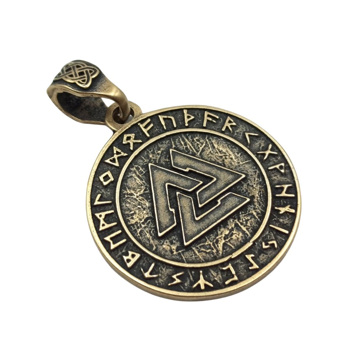 Valknut in circle of Elder Futhark runes pendant Bronze