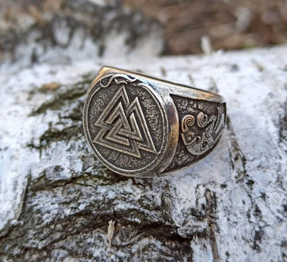 Valknut Symbol germanic raven bronze ring 6 US Silver plating 