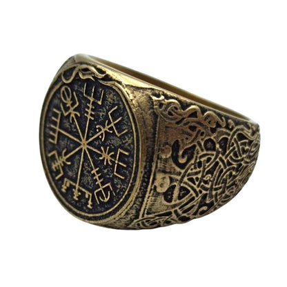Viking compass signet bronze ring 6 US Bronze with patina 