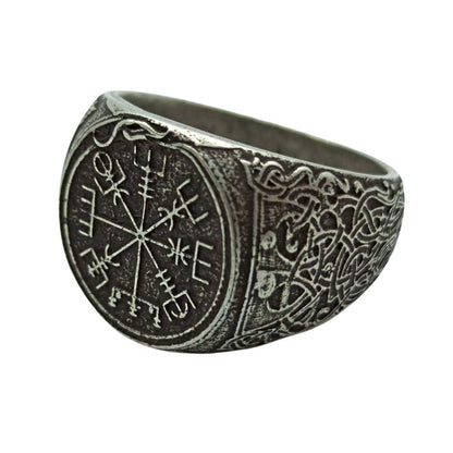 Viking compass signet bronze ring 6 US Silver plating 