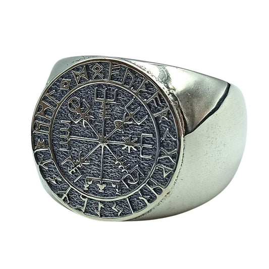Vegvisir in Futhark runes silver ring 6 US/CA  