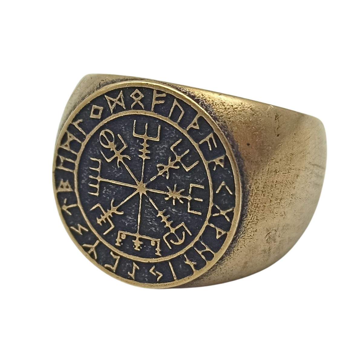 Vegvisir in Elder Futhark circle ring 6 US Bronze with patina