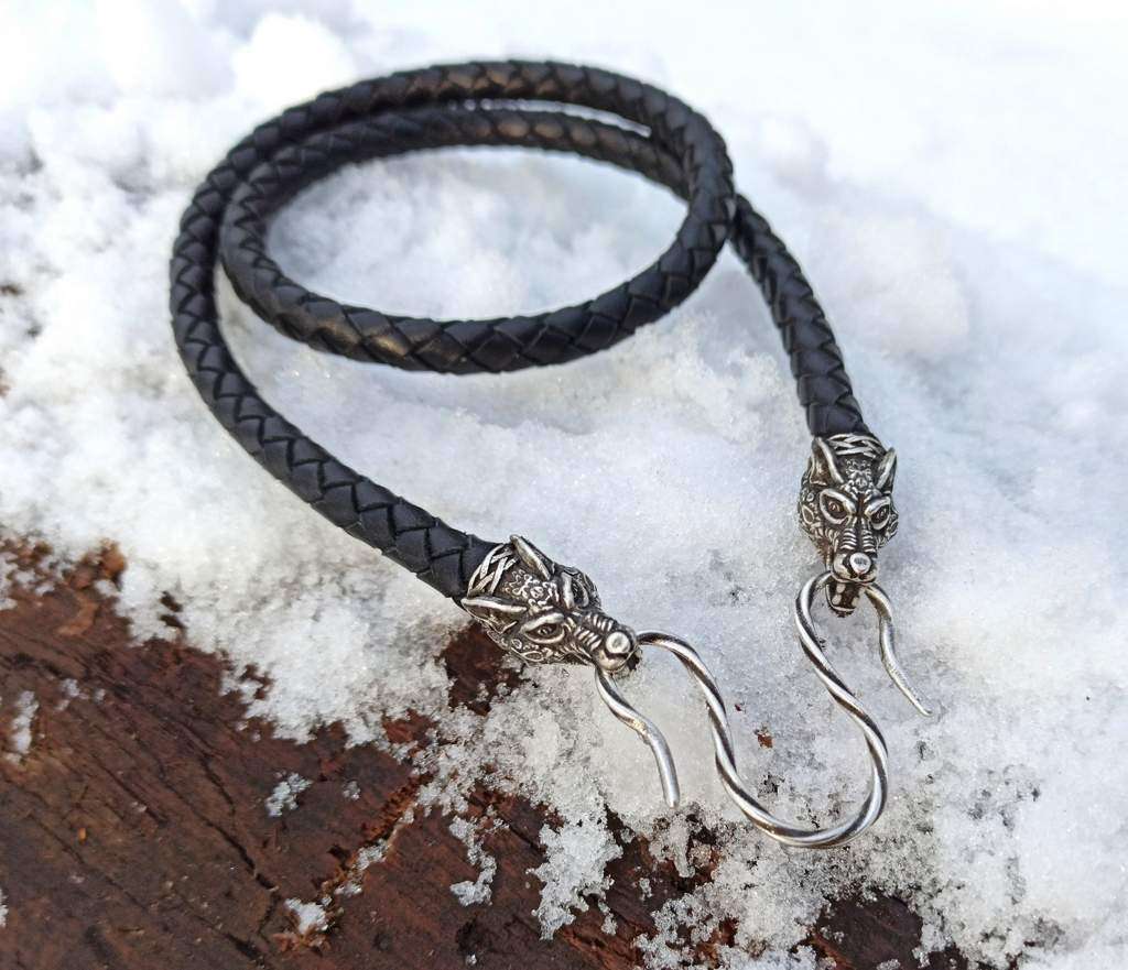 Wolfs Geri and Freki leather necklace with Silver plated clasps   