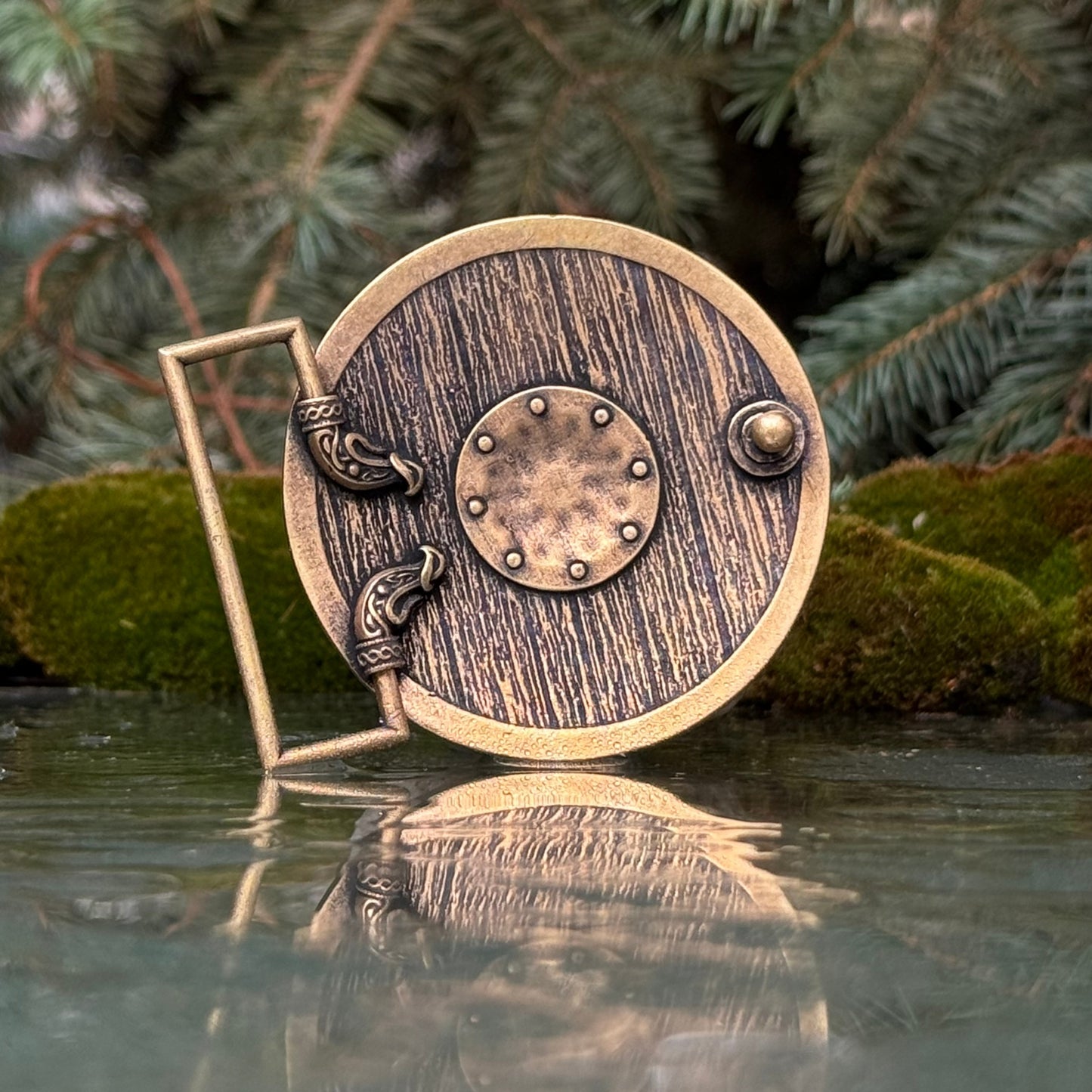 Viking shield belt buckle with Helm of Awe