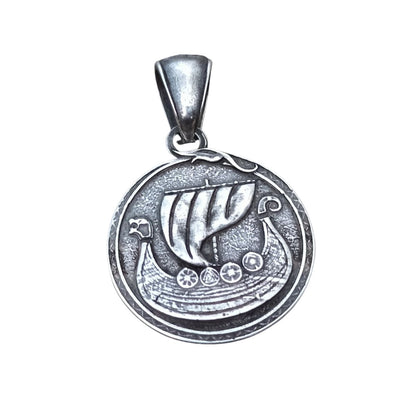 Viking long ship pendant with Vegvisir rune Silver plating