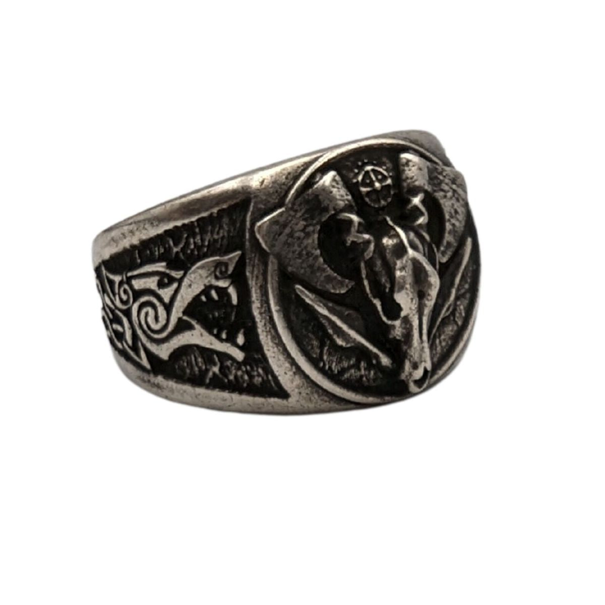 Viking wolf skull signet bronze ring 6 US Silver plating 