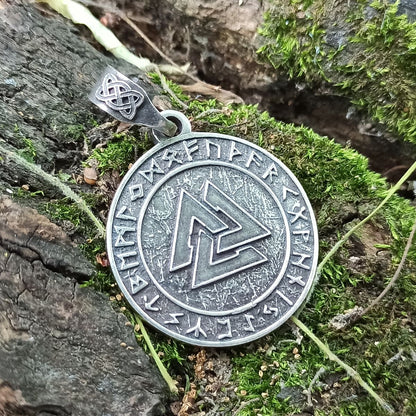 Valknut in circle of Elder Futhark runes pendant
