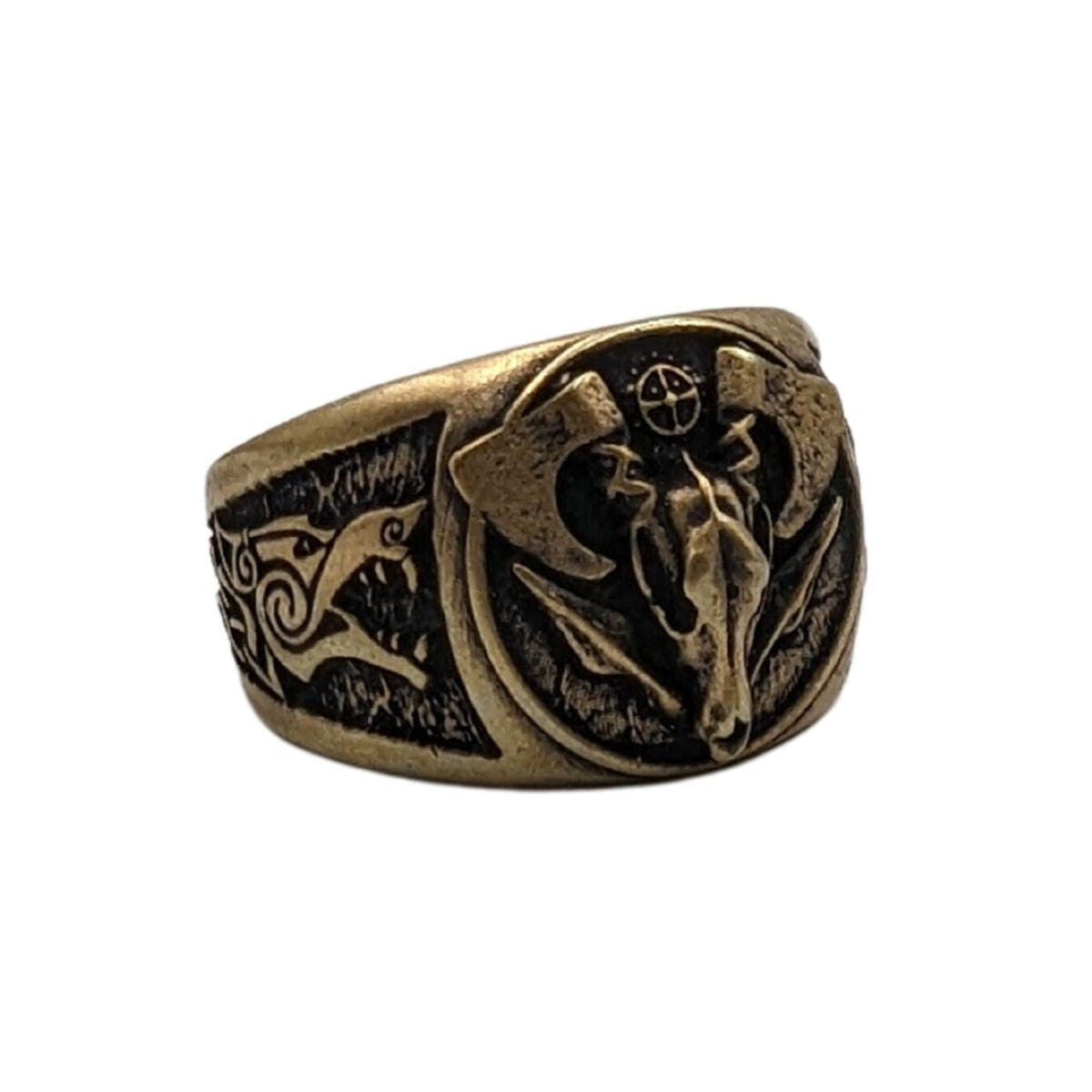 Viking wolf skull signet bronze ring