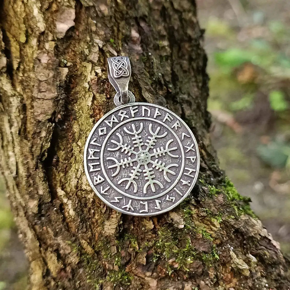 Helm of awe in circle of Elder Futhark runes pendant