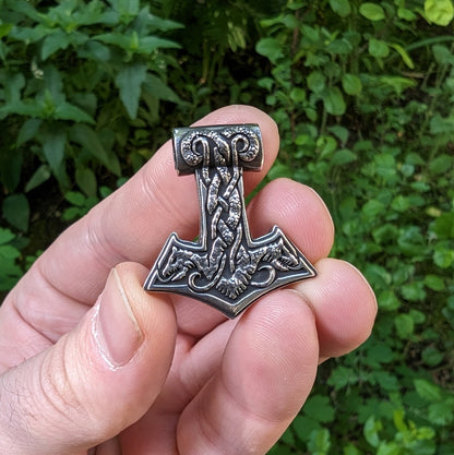 World Serpent Mjolnir silver pendant