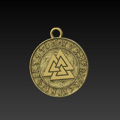 Valknut in circle of Elder Futhark runes pendant Gold plating