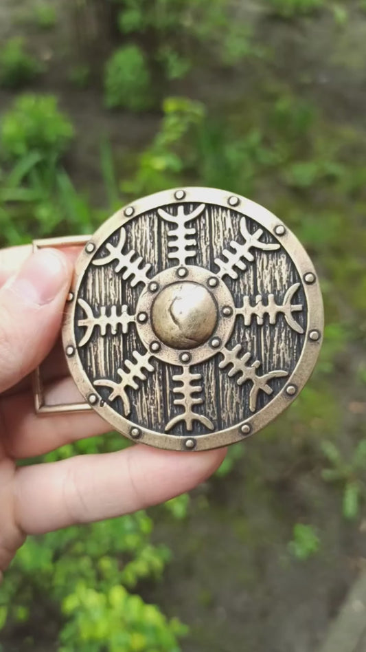 Viking shield belt buckle with Helm of Awe
