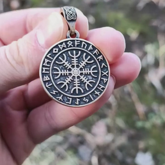 Helm of awe in circle of Elder Futhark runes pendant