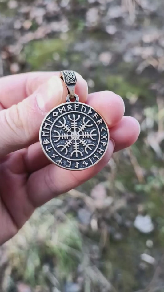 Helm of awe in circle of Elder Futhark runes pendant