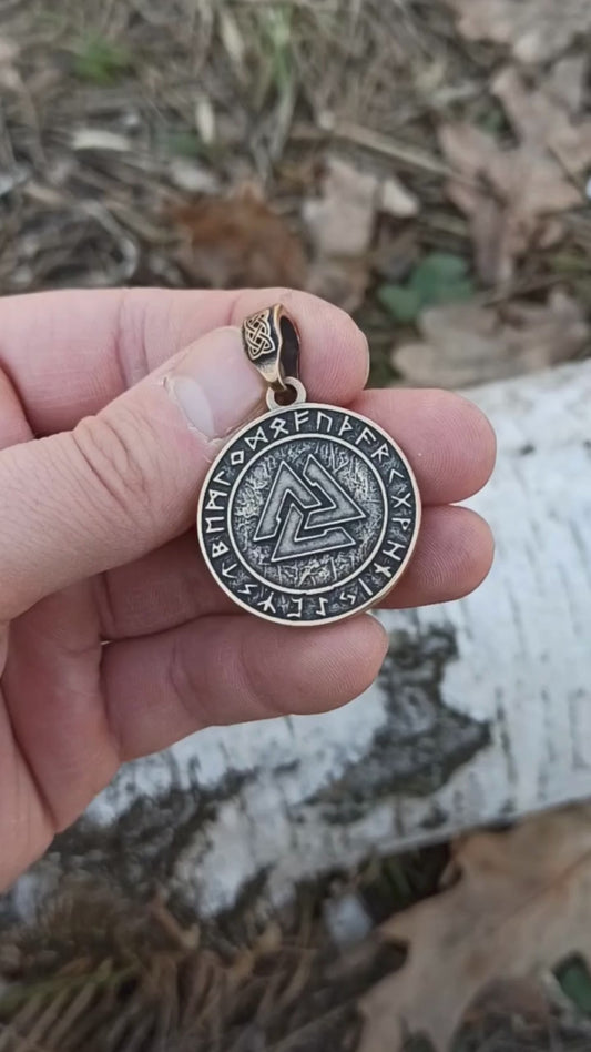 Valknut in circle of Elder Futhark runes pendant