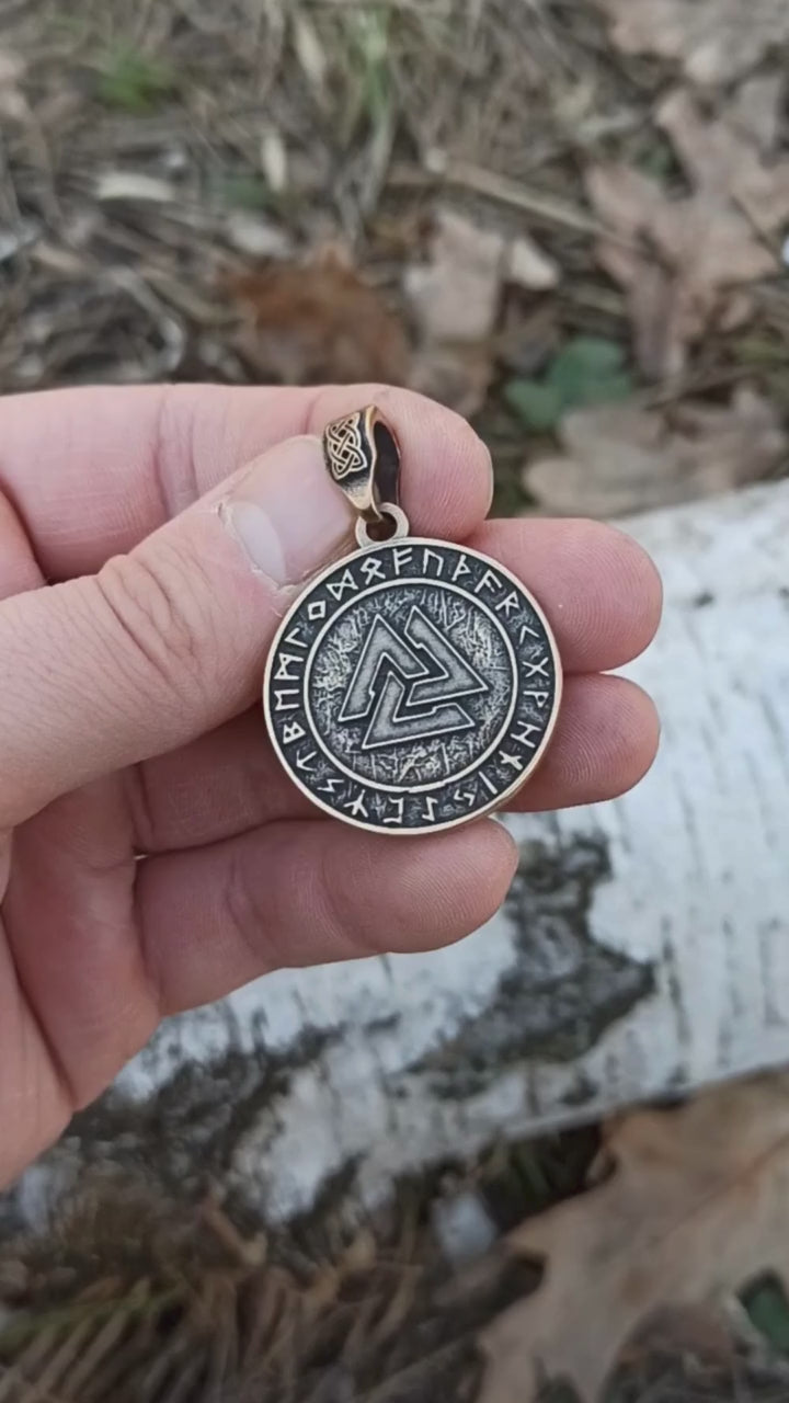 Valknut in circle of Elder Futhark runes pendant