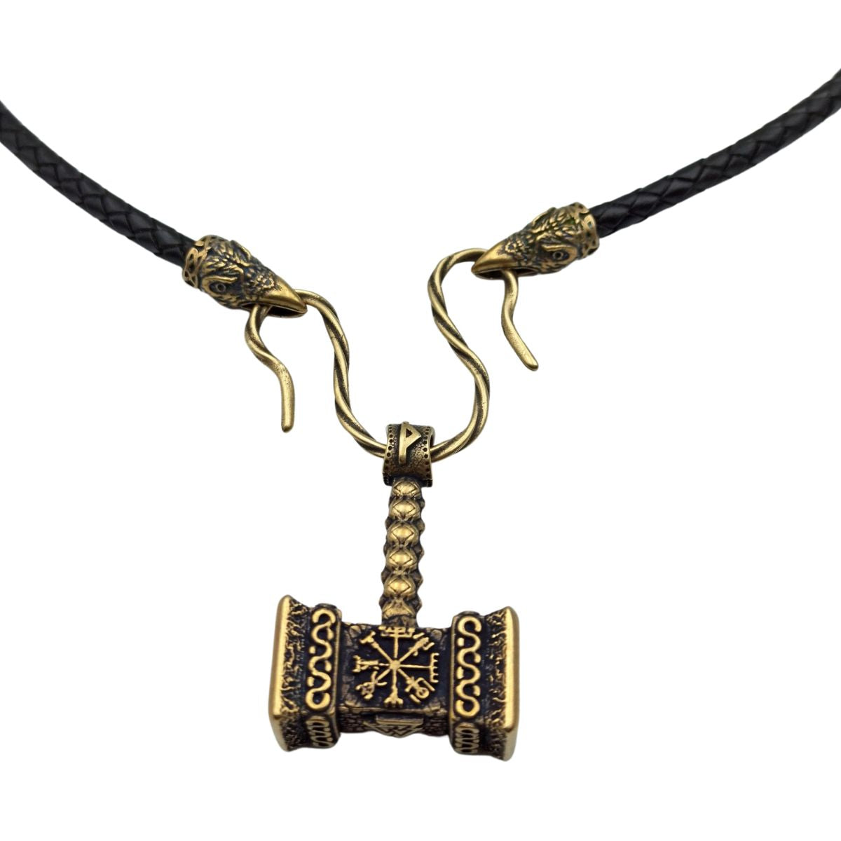 Mjolnir with runes bronze pendant Raven necklace  