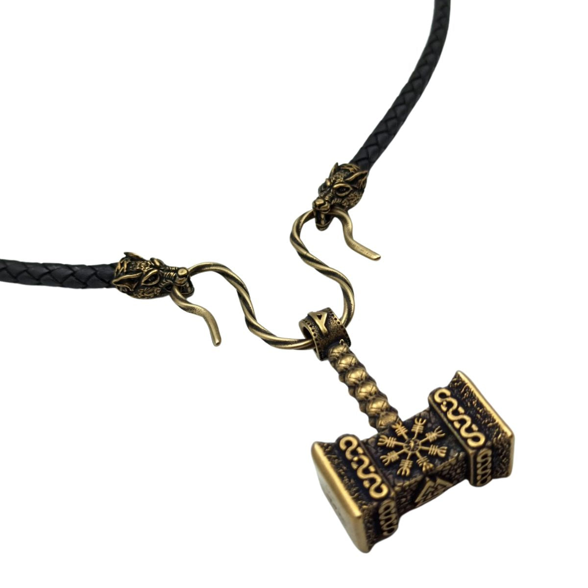 Mjolnir with runes bronze pendant Wolf necklace  