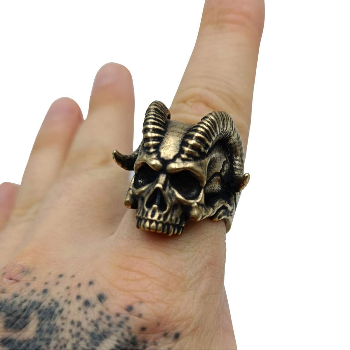 Demon horns skull ring from bronze