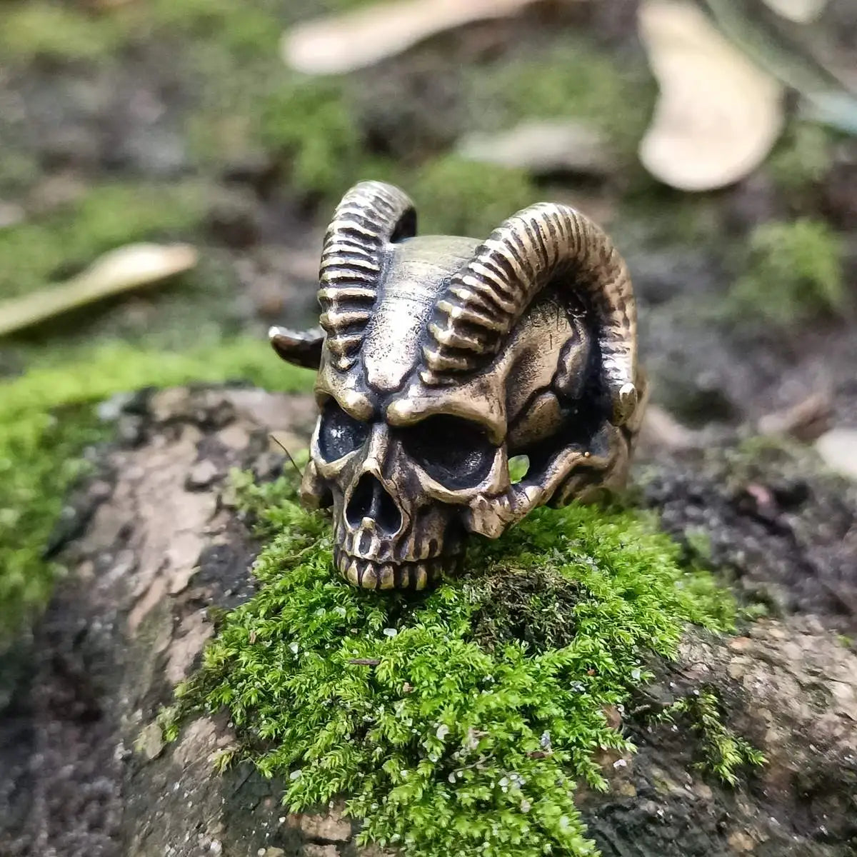 Demon horns skull ring from bronze