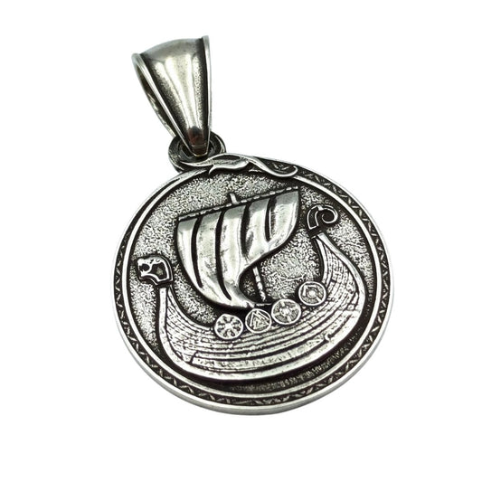 Vegvisir with viking long ship silver pendant