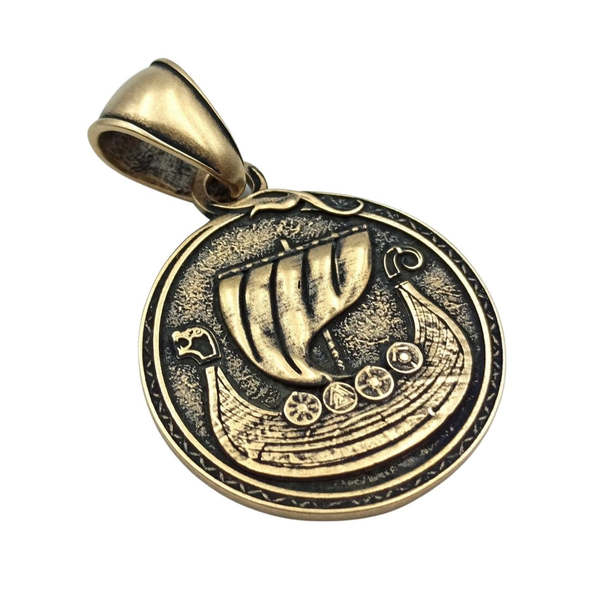 Viking long ship bronze pendant with Vegvisir rune