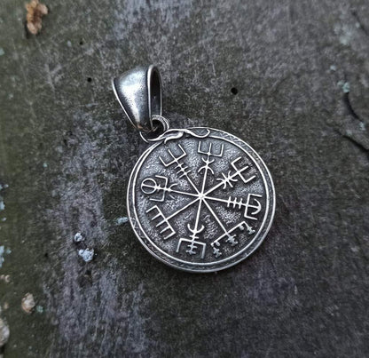 Viking long ship with Vegvisir symbol silver plated pendant   