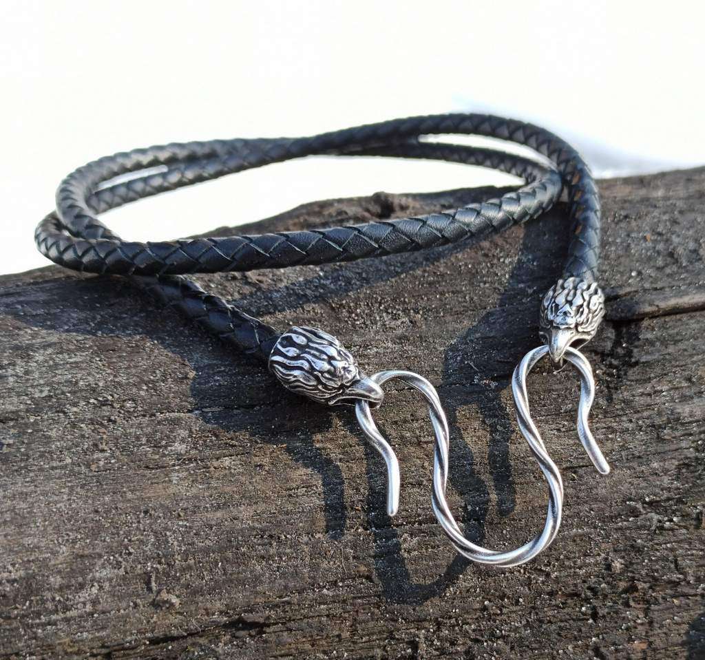 Eagle braided leather necklace with Silver plated clasps