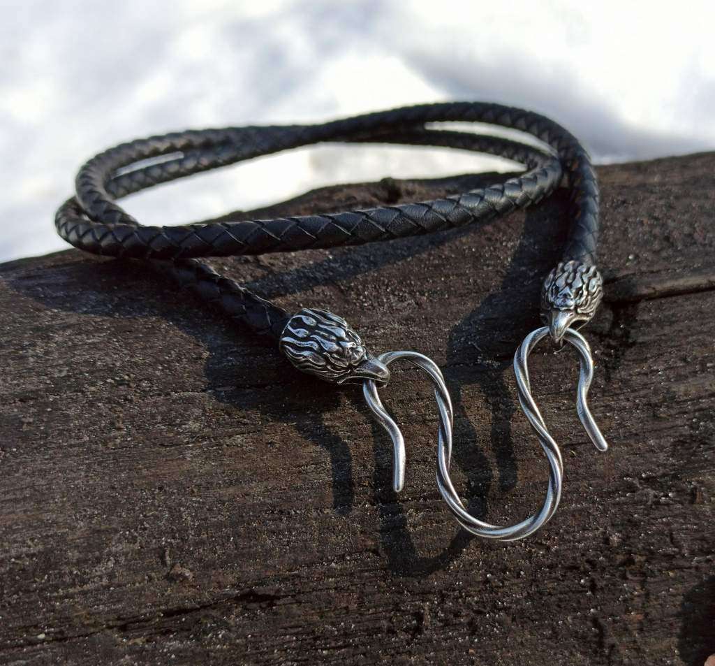 Eagle braided leather necklace with Silver plated clasps   