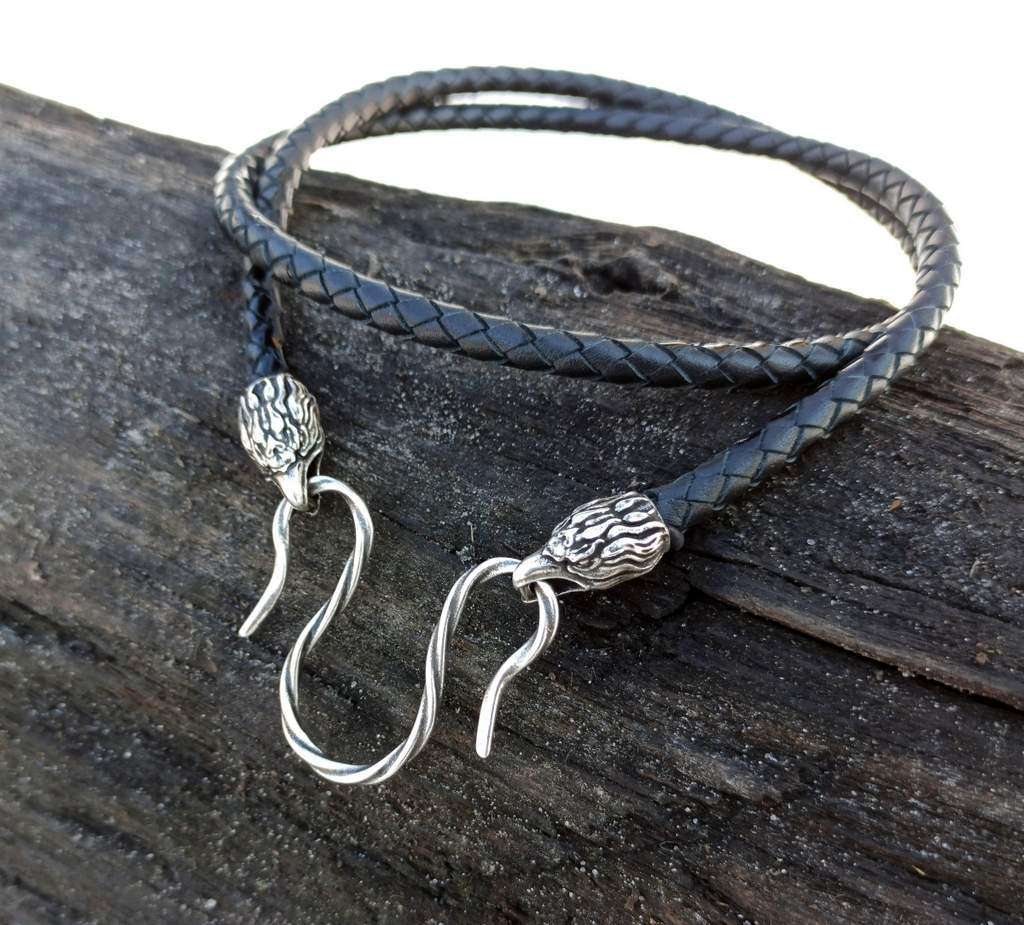 Eagle braided leather necklace with Silver plated clasps