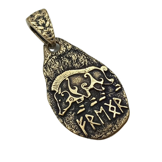 Freyr boar bronze rune pendant